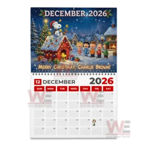 Snoopy twenty twenty six calendar cover with Snoopy on a decorated doghouse and Peanuts characters in a snowy neighborhood!