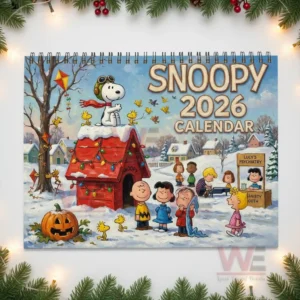 Collection of Snoopy twenty twenty six calendar pages showing Valentine New Year summer Thanksgiving and Halloween themes around the main cover!