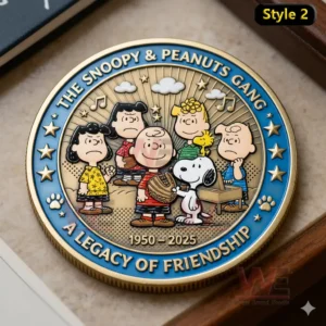 Snoopy and Peanuts gang coin with Charlie Brown and friends and the text A Legacy Of Friendship 1950 2025 surrounded by stars and paw prints.
