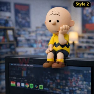 Charlie Brown desk figure sitting with a sad expression on top of a computer monitor in a soft background!