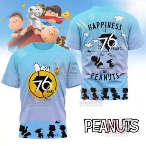 Light blue Peanuts anniversary shirt with Snoopy and friends artwork celebrating many years of happiness and friendship!