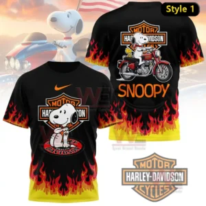 Black shirt with Snoopy riding a motorcycle surrounded by flame graphics and a bold biker themed design!