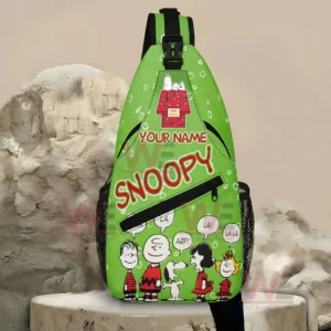 Snoopy Personalized Sling Bags 5 Front view of green Snoopy sling bag on display with cartoon print and zipper pocket!