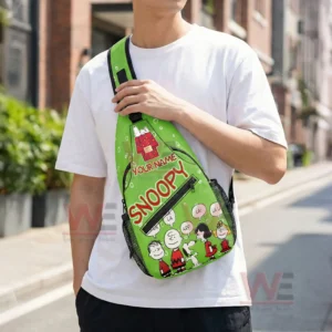 Snoopy Personalized Sling Bags 7 Person wearing green Snoopy sling bag across chest in urban environment!