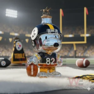 A glass dog shaped bottle in a Steelers helmet and jersey holding a football on a white fur mat in a stadium.