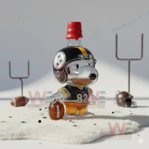 A glass dog shaped bottle in a Steelers helmet with red cap on white fur with football items nearby.