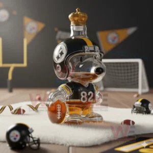 A crowned glass dog bottle in a Steelers helmet and jersey on white fur with team flags and footballs around it.