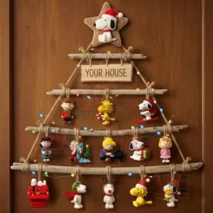 Rustic wooden wall Christmas tree decorated with snoopy themed ornaments and colorful festive lights!