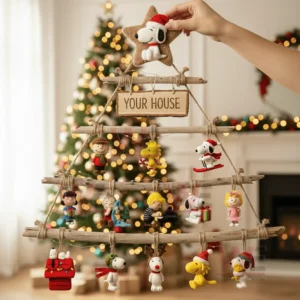 Snoopy Premium Rustic Wall Christmas Tree 3 Person holding a rustic wooden Christmas tree decorated with snoopy themed ornaments and festive lights!