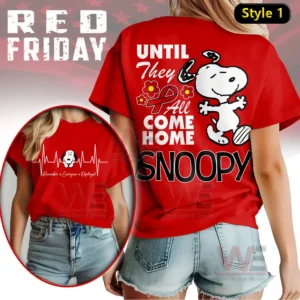 A red shirt displaying an animated dog with supportive text flowers and a ribbon symbol!
