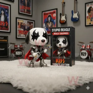 Rock themed beagle figure in armor holding guitar beside its tribute edition box in a music room.