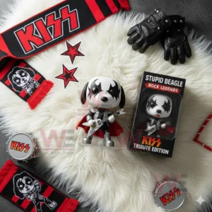 Beagle rock figure with guitar and tribute box surrounded by KISS themed accessories on a white rug.