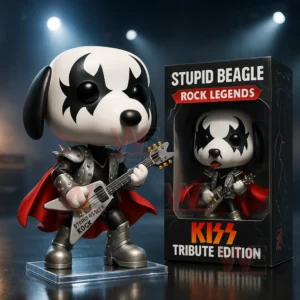 Beagle rock figure in armor with guitar beside tribute box under stage lights.