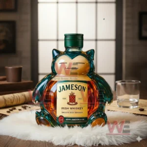 A creature shaped bottle with a green top standing on a fluffy rug in a softly lit room!
