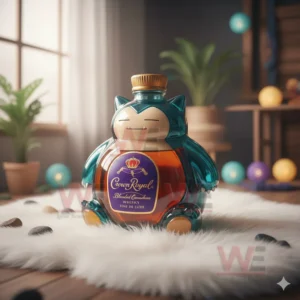 Cute Snorlax Whiskey Bottle 7 A creature shaped bottle with a gold top standing on a rug in a bright relaxed room!