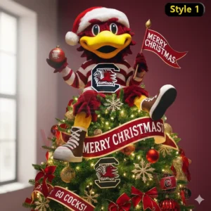 A cheerful bird mascot in a Santa hat sits on the decorated top of a Christmas tree holding a small ornament and a holiday banner.