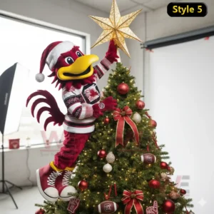 A festive bird mascot wearing holiday clothing stands on a Christmas tree placing a bright star on top.