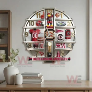 South Carolina Gamecocks wall clock above a shelf with neutral decor and strong college football presence!