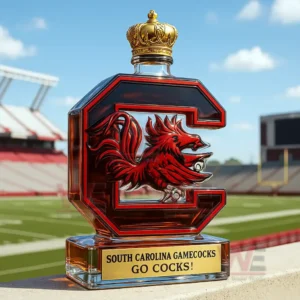 Letter C shaped glass bottle with rooster emblem and crown on a stadium field!