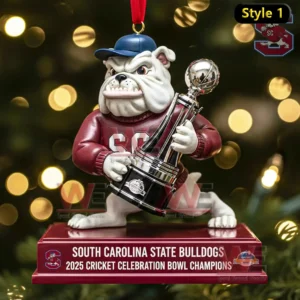 Bulldog mascot ornament holding a championship trophy with festive holiday lights and team themed presentation!