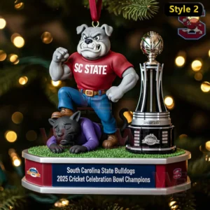 Bulldog mascot ornament celebrating victory with a trophy and opponent figure in a festive holiday scene!