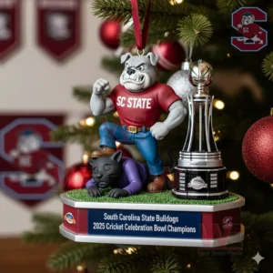 Close view of bulldog mascot ornament with championship trophy and festive holiday lighting!
