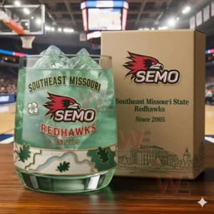 A light green iced SEMO Redhawks glass next to its matching box with an arena background!