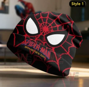 Black Spiderman beanie hat with white eyes red web graphics and superhero theme!