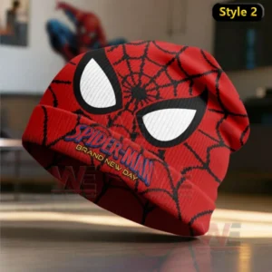 Red Spiderman beanie hat with white eyes black web pattern and comic inspired style!