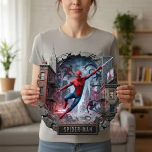 Person holding a Spider Man wall decoration with a city scene design in an indoor environment!