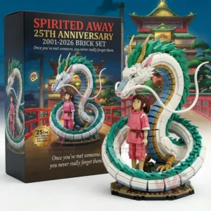 Building block dragon figure surrounding a girl character displayed beside a decorative anniversary box!