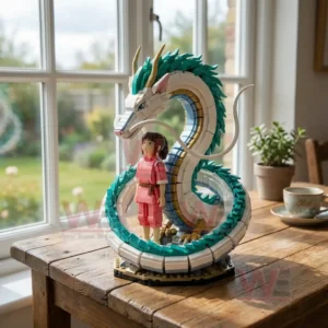 Spirited Away 2001-2026 25th Anniversary Edition Building Blocks 3 Dragon and girl building block figure displayed on a table with sunlight and garden view in the background!