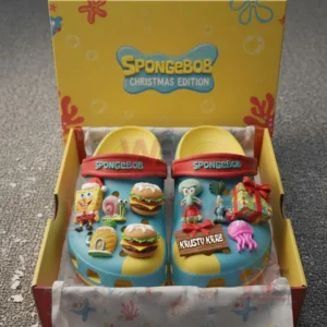 Spongebob Christmas edition clogs in a box decorated with multiple character charms!