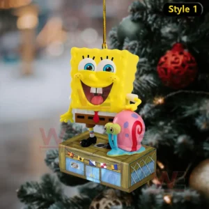 A holiday ornament with a yellow cartoon character and a colorful snail companion on a decorated base!