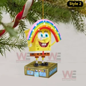 Spongebob Squarepants Christmas Ornament 4 A holiday ornament with a yellow cartoon character holding a rainbow on a decorated base!