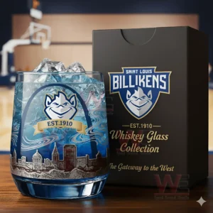 Saint Louis Billikens whiskey glass with ice and blue drink shown next to a branded box inside a sports arena!