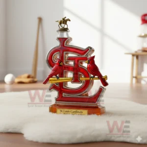 Decorative whiskey bottle shaped like a red team symbol with bird figures on a bat displayed indoors!