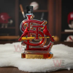 St. Louis Cardinals 11x World Series Champions Whiskey Bottle 7 Red emblem whiskey bottle with bird figures shown on a soft surface in a classic sports interior!