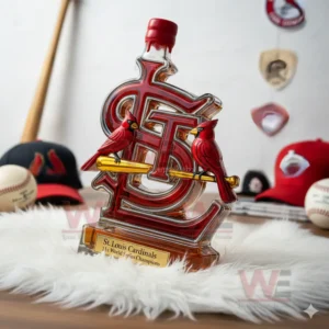 St. Louis Cardinals 11x World Series Champions Whiskey Bottle 8 Red emblem shaped whiskey bottle with bird details placed among baseball accessories!