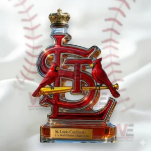 St. Louis Cardinals 11x World Series Champions Whiskey Bottle 9 Crowned red emblem whiskey bottle with bird figures displayed in a baseball inspired setting!