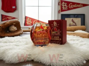 St. Louis Cardinals 143rd Anniversary Whiskey Glass 5 A St Louis Cardinals themed anniversary glass and box arranged on a fluffy surface with sports decorations behind them!