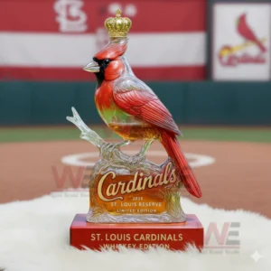 St Louis Cardinals themed bird whiskey bottle with crown stopper shown on a baseball field setting!