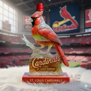 Cardinals bird whiskey bottle displayed in a large baseball stadium with team branding!