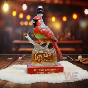 St Louis Cardinals bird whiskey bottle displayed in a bar style environment with warm lighting!