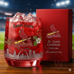 Saint Louis Cardinals themed glass with ice red drink team logo and skyline design next to a branded box!