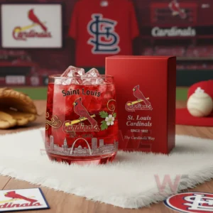 St. Louis Cardinals The Cardinals Way Whiskey Glass 3 Saint Louis Cardinals themed glass and collector box displayed with baseball memorabilia in a fan room setting!