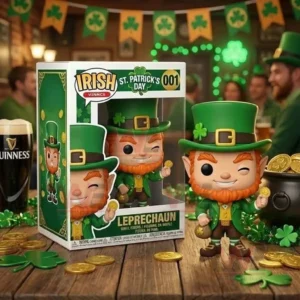 Leprechaun themed collectible figure with green clothing red beard and lucky coin posed on a wooden table in a lively celebration scene!