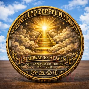 Alt text ornate Led Zeppelin Stairway to Heaven collector coin with a golden staircase rising through clouds toward a bright light and 55th anniversary 1971 2026 text.