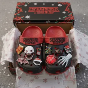 Stranger Things themed clogs in a decorative box with multiple show related charms!