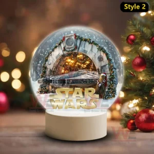 Star Wars Christmas Snowball Decoration Led Light 6 A snow globe featuring a spacecraft in a snowy decorated hangar with a furry character in a red hat and a large title at the front!